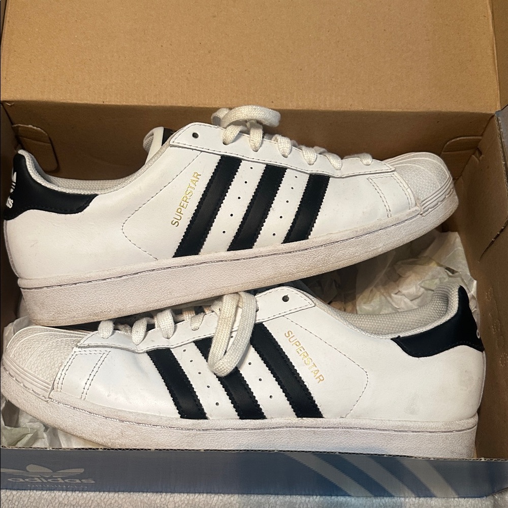 Adidas Superstar White Sneakers with Black Stripes men’s size 10
